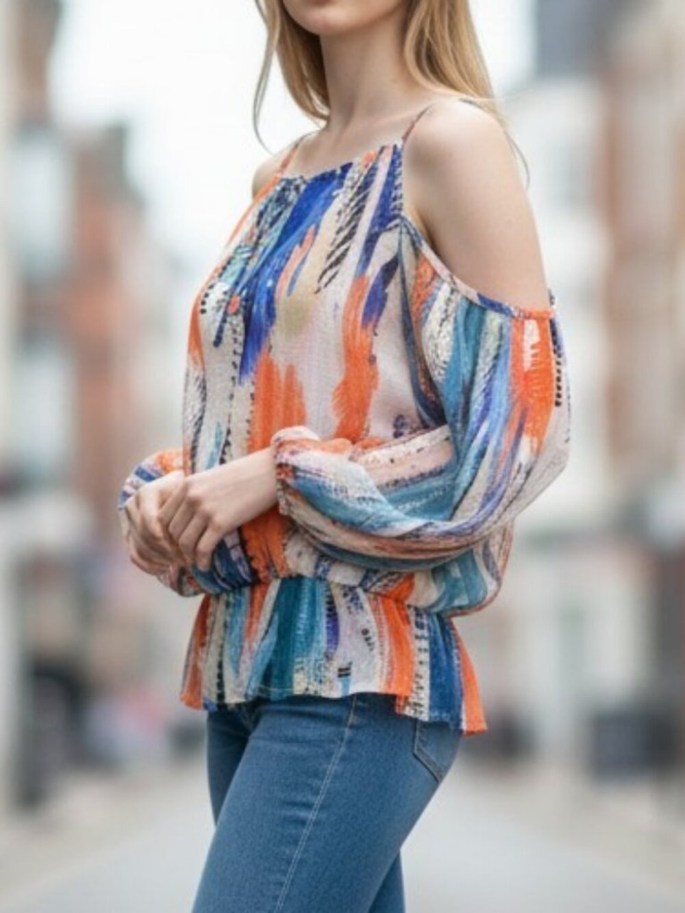 Guess Los Angeles NWT Multicolor Cold Shoulder Boho Blouse Womens Top Size XS